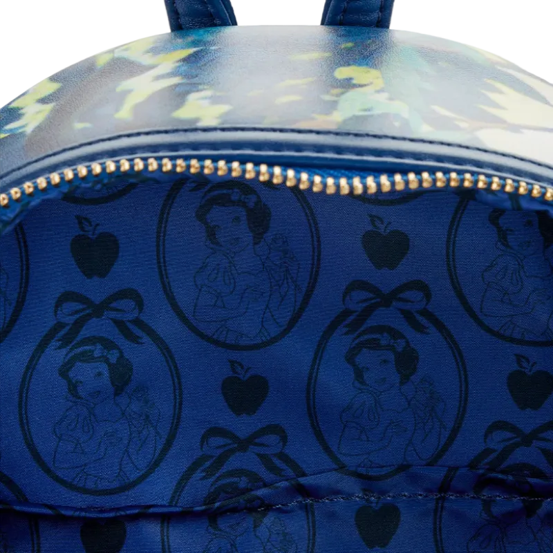 Blue backpack with Snow White and Apple design on a white background