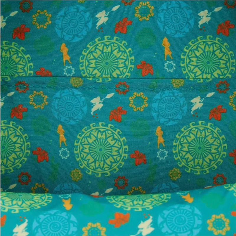 Patterned fabric with colorful designs on a blue background
