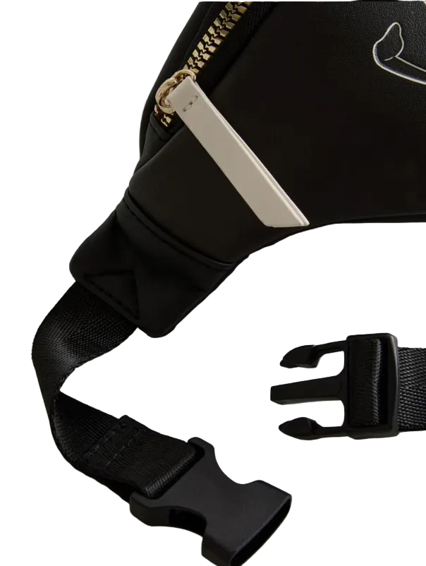 Black waist bag with gold zipper and black strap on a white background