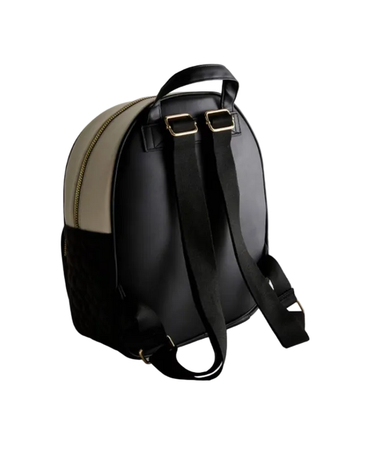 Black and beige backpack on a light gray background