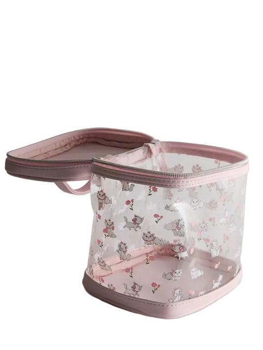 Pink floral-patterned laundry bag with a clear compartment on a light gray background