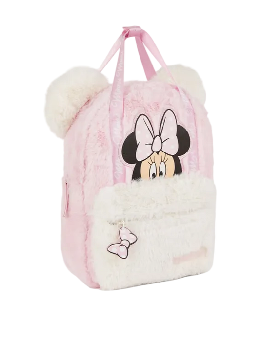 Pink backpack with Minnie Mouse design on a white background