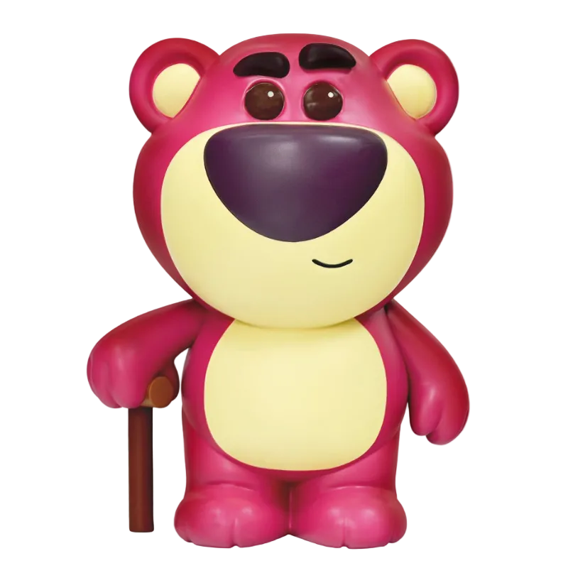 Toy figure of a pink and yellow bear with a purple nose on a white background