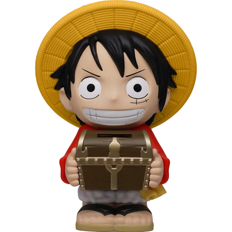 Figurine of a character with a yellow hat and treasure chest on a white background