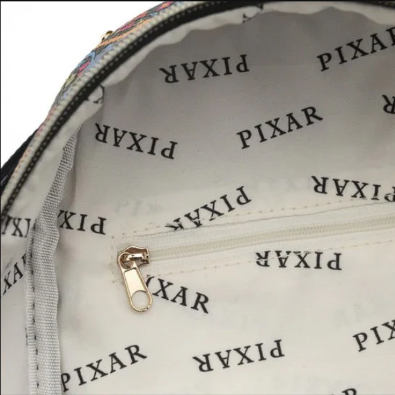 Close-up of a bag with Pixar logo pattern