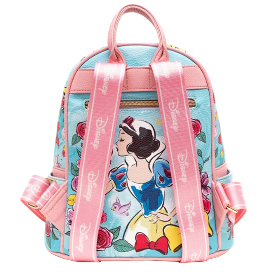 Backpack with Snow White design and pink straps on a white background