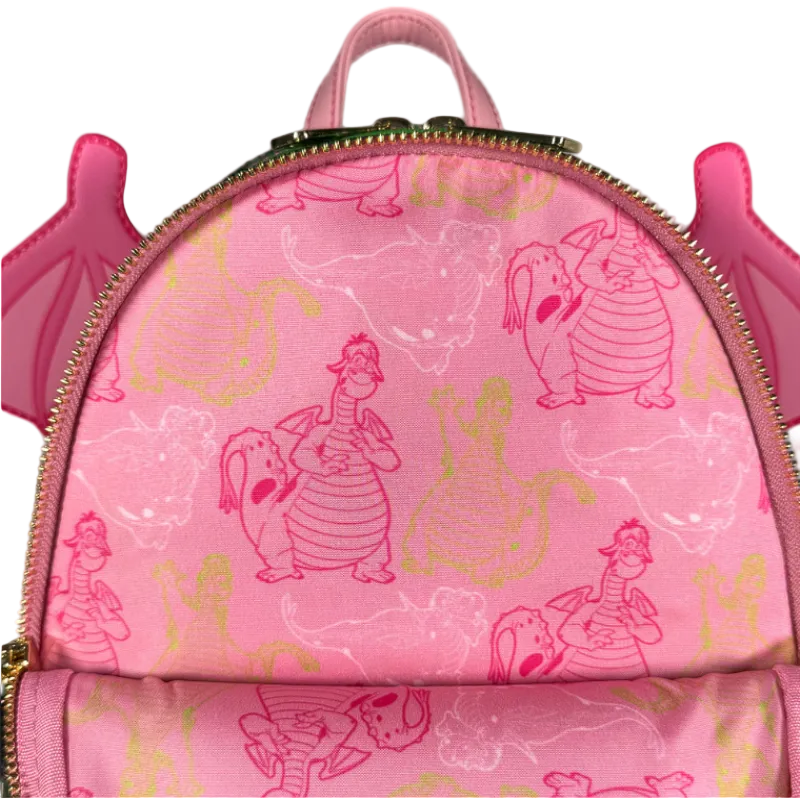 Pink backpack with cartoon character pattern on a white background