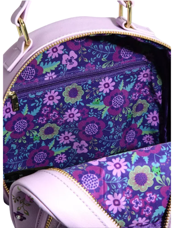 Floral-patterned handbag with a purple and pink color scheme.