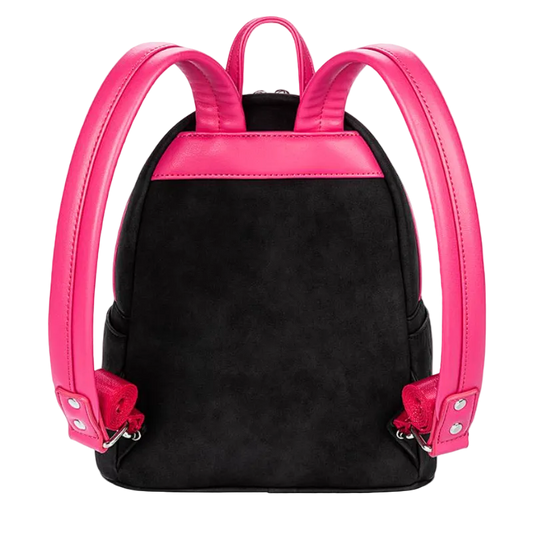 Black backpack with pink straps on a white background