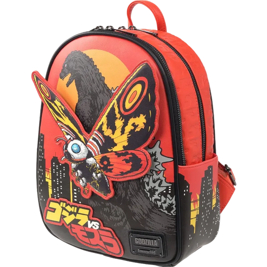 Backpack with Godzilla and Mothra design on a white background