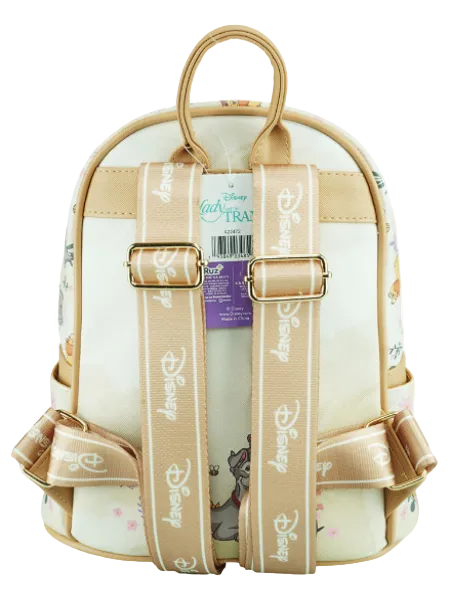 Backpack with decorative ribbons and a visible brand label on a white background