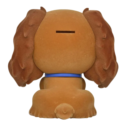 Brown plush dog toy with a blue collar on a white background