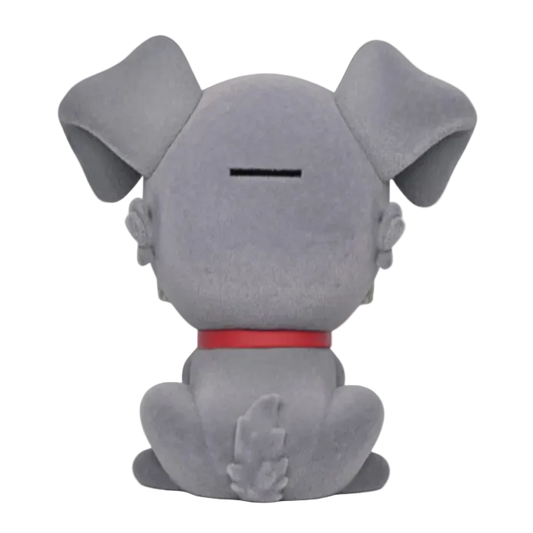 Gray plush toy with a red collar on a white background