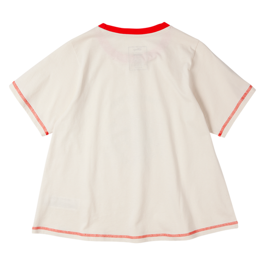 Beige t-shirt with red trim on a white background