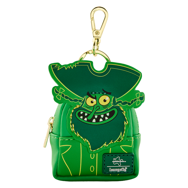 Green character-shaped keychain with a gold clasp on a white background