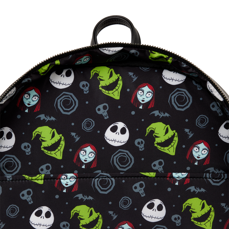 Backpack with 'The Nightmare Before Christmas' pattern featuring Jack Skellington, Sally, and other characters on a black background.