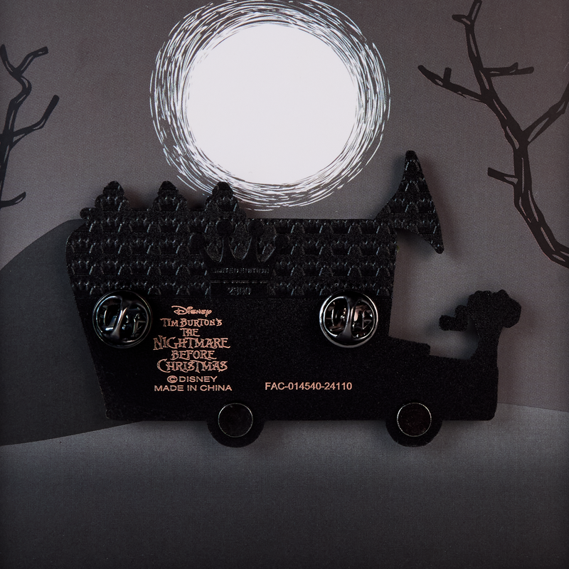 Black toy truck with 'The Nightmare Before Christmas' branding against a dark background with moon and trees.