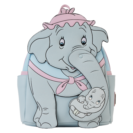 Backpack designed like a cartoon elephant with a baby elephant on a white background