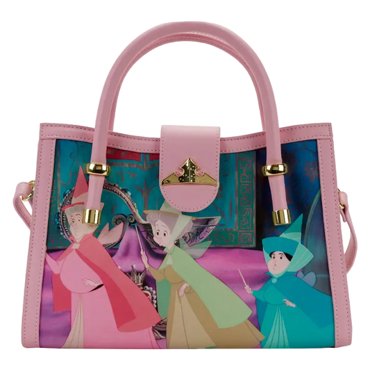 Pink handbag with fairy tale design featuring three fairies on a white background