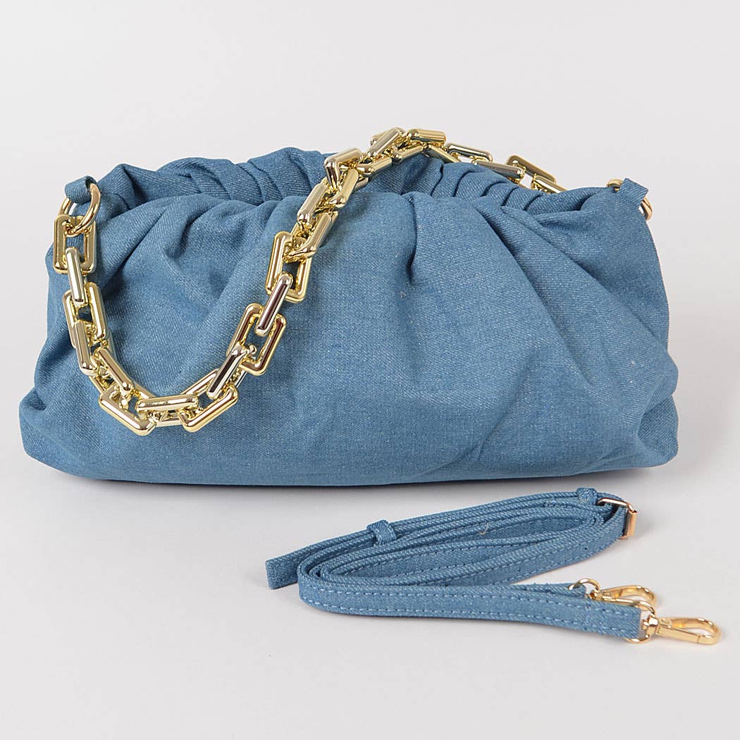 Denim Rectangle Chain Clutch: Light Blue