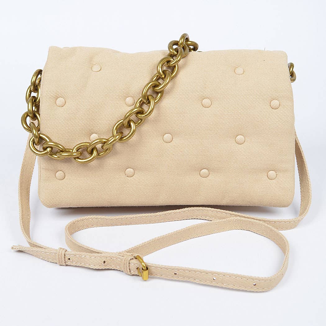 Cotton Canvas Studded Chain Shoulder Bag: Green