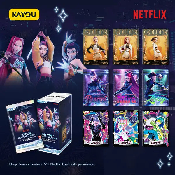 Collection of KPop Demon Hunters figurines and packaging with Netflix and Kayou branding.
