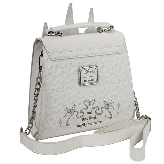 White backpack with chain detail and Disney-themed text on a white background