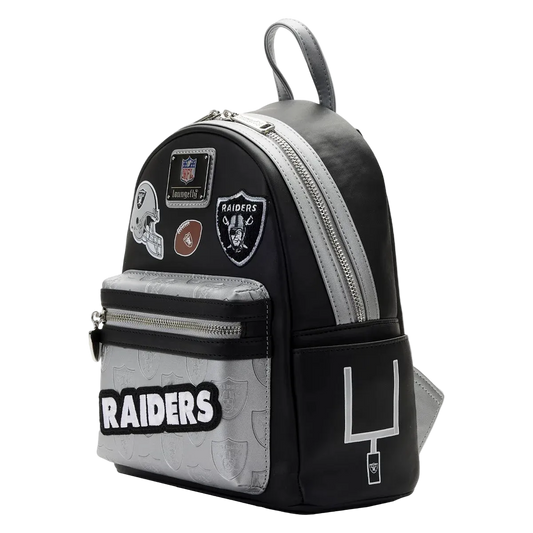 Mini backpack with Oakland Raiders logos and patches on a white background