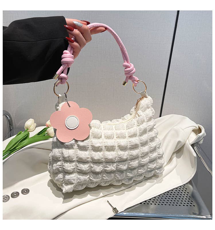 Popcorn Texture Flower Charm Mini Hobo Bag: G_White / M