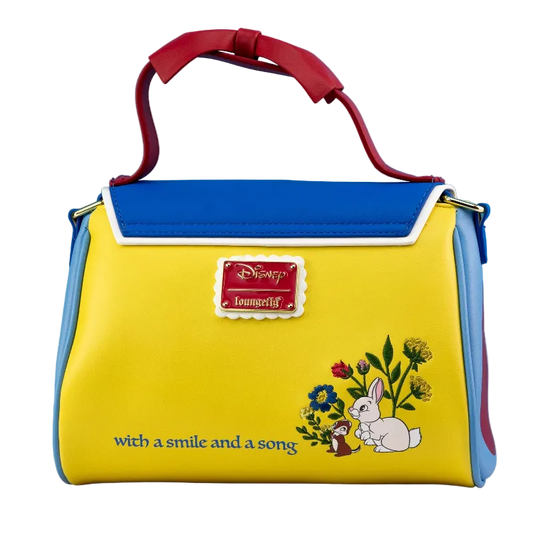 Yellow handbag with blue accents and Disney character design on a blue background
