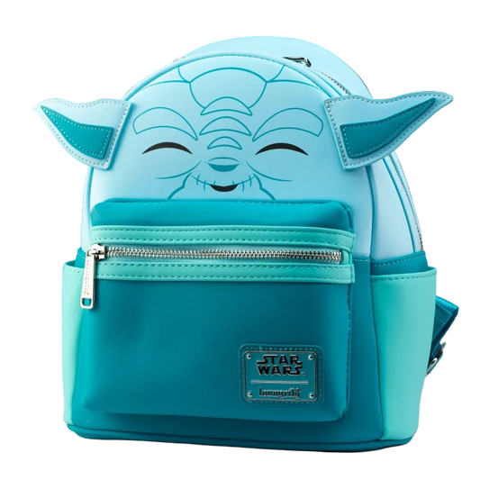 A light blue and turquoise mini backpack designed like Yoda from Star Wars, featuring embroidered facial details, side pockets, and a Star Wars Imperator patch on the front.
