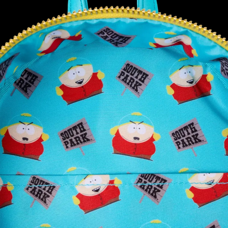 Close-up of a blue bag with South Park character and sign pattern