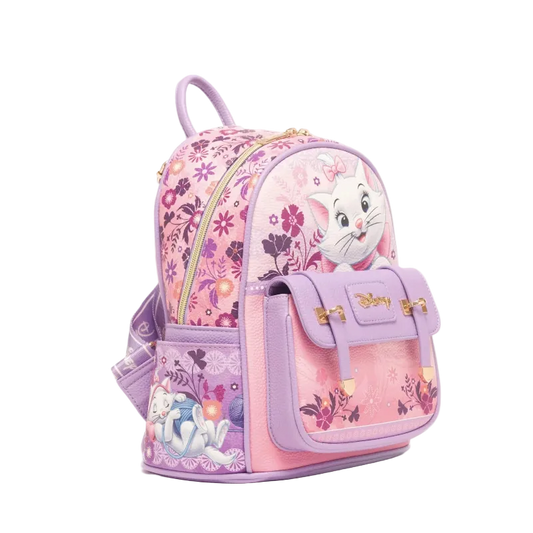 A pink and purple Disney-themed backpack featuring Marie the cat from The Little Mermaid, floral patterns, and gold-tone hardware, shown on a plain white background.