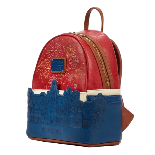 Red and blue backpack with 'Biltmore' design on a white background