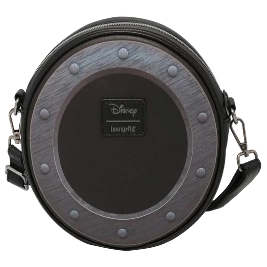 Round bag with metallic accents and Disney logo on a white background