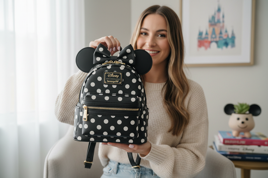 First-time buyer holding a Disney Loungefly mini backpack, showing size, style, and design details for beginner shoppers.
