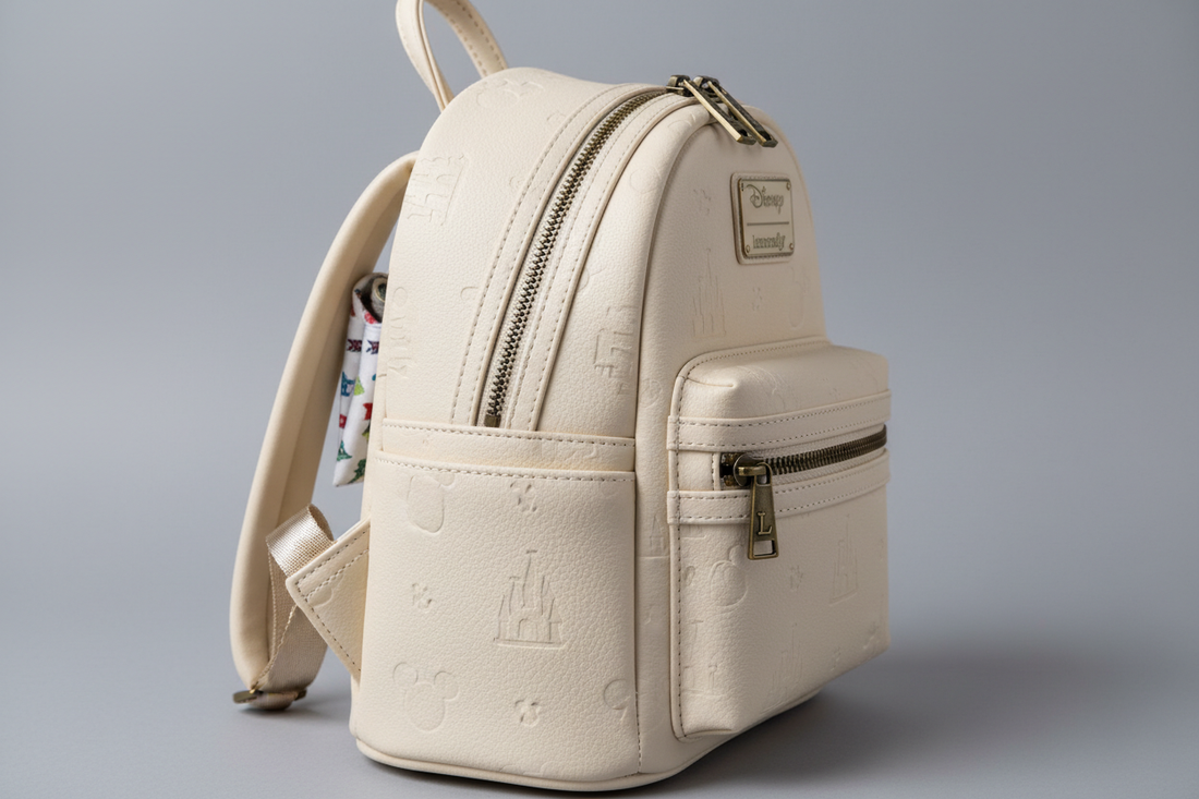 Authentic Loungefly mini backpack showing official tags and quality stitching details