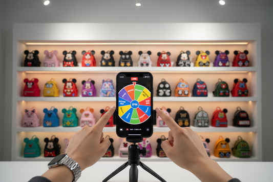 TikTok surprise set live shopping example showing random wheel and collectible backpacks