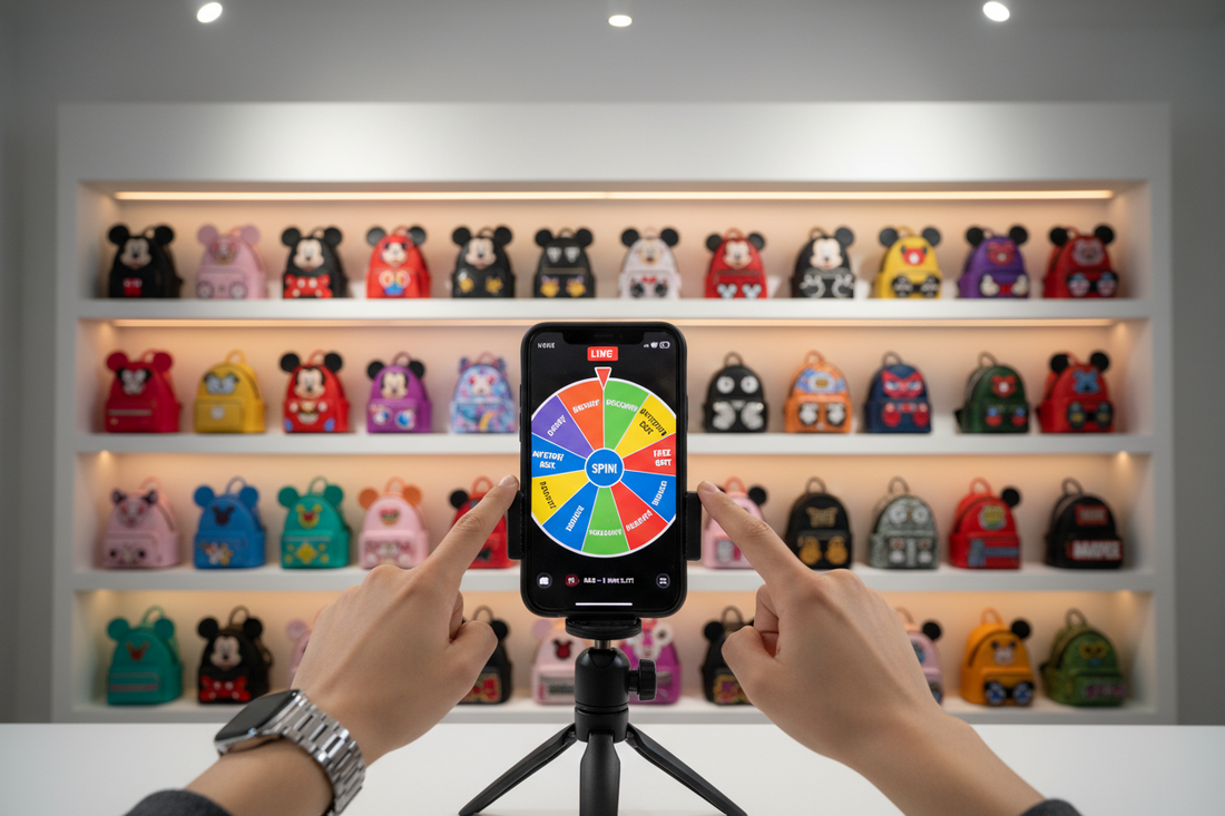 TikTok surprise set live shopping example showing random wheel and collectible backpacks