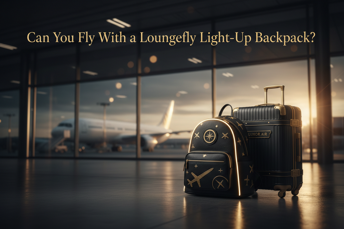 Loungefly light-up backpack displayed beside luggage in an airport terminal before air travel.