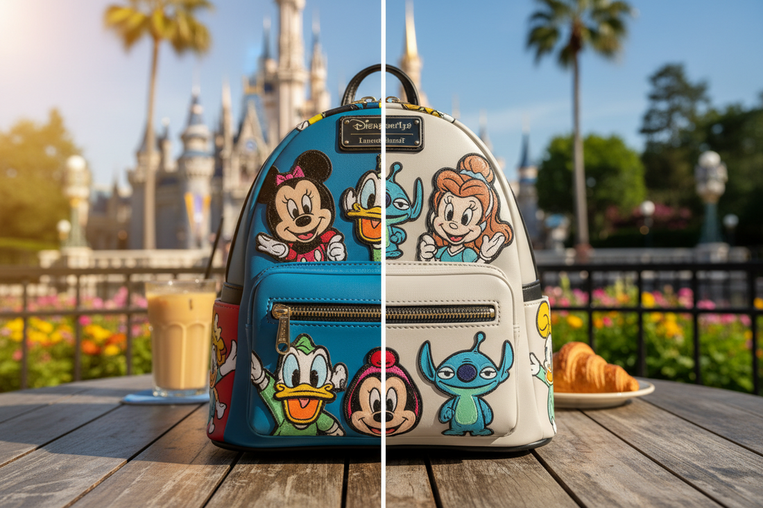 Colorful Loungefly-style mini backpack displayed outdoors in sunlight showing proper care and protection from UV exposure.