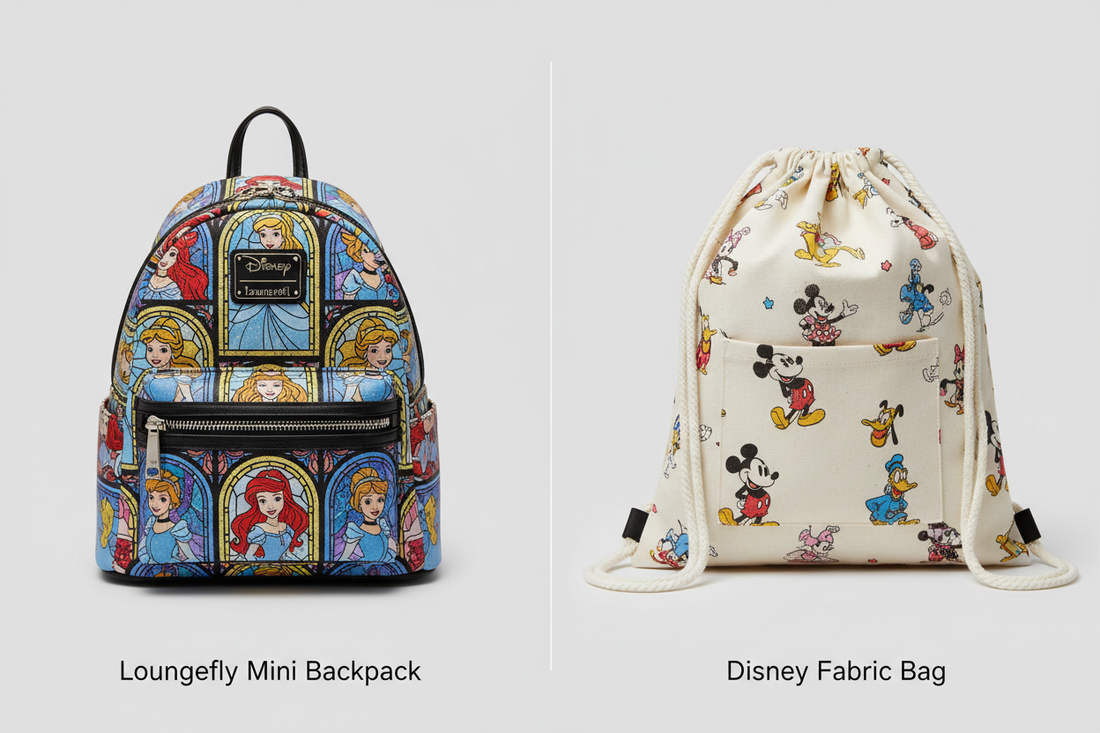 Comparison of a Loungefly mini backpack and a standard Disney themed bag