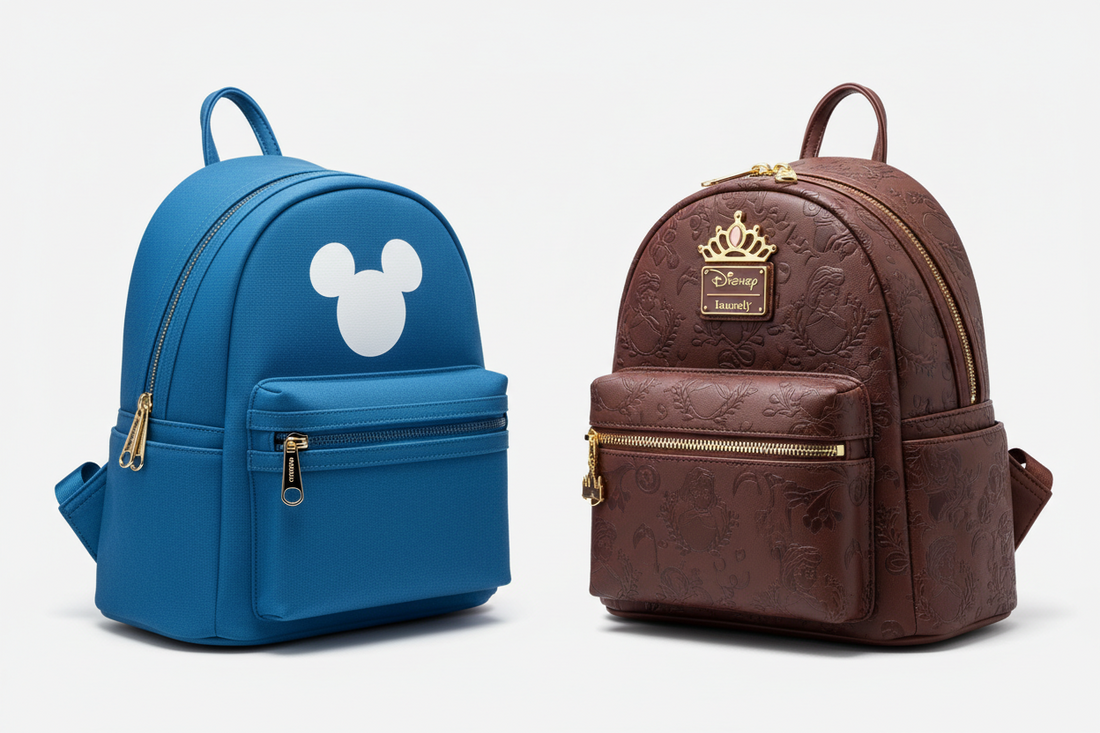 Disney backpack vs Loungefly backpack comparison showing design and material differences
