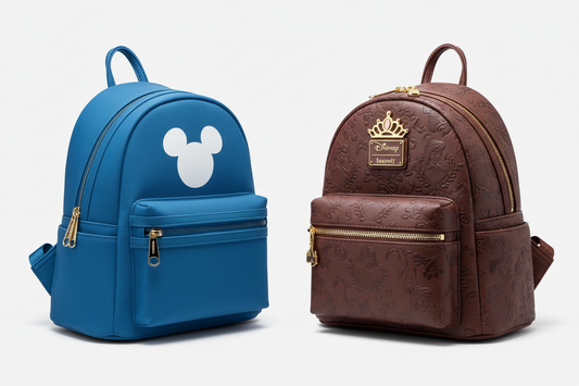Disney backpack vs Loungefly backpack comparison showing design and material differences