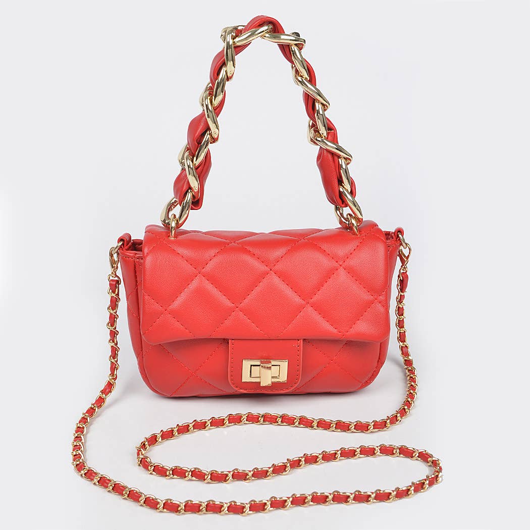Quilted Faux Leather Chain Flap Bag: Purple