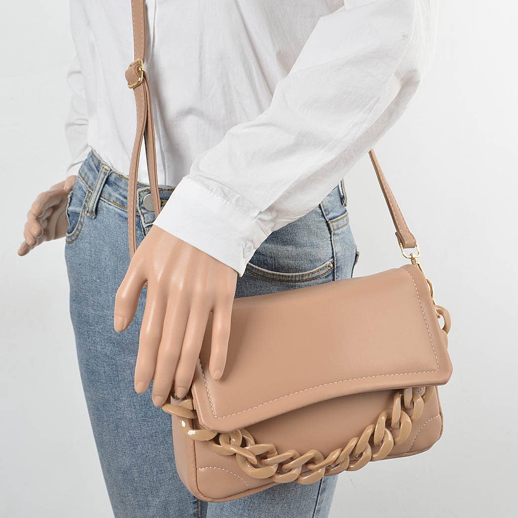 Faux Leather Chain Flap Bag: Green