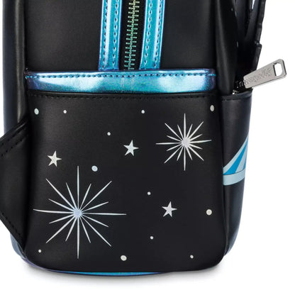 Black backpack with star patterns on a white background