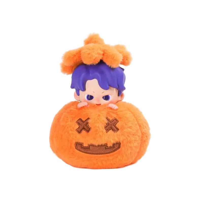 Plush toy with a pumpkin design and character on a white background