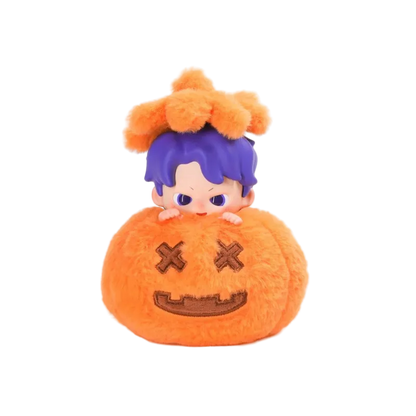 Plush toy with a pumpkin design and character on a white background