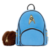 Blue backpack with Star Trek logo and brown furry ear accessory on a white background